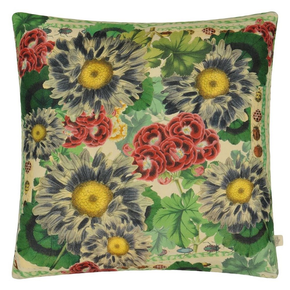 Blue Daisies Floral Cushion in Sepia Green by John Derian